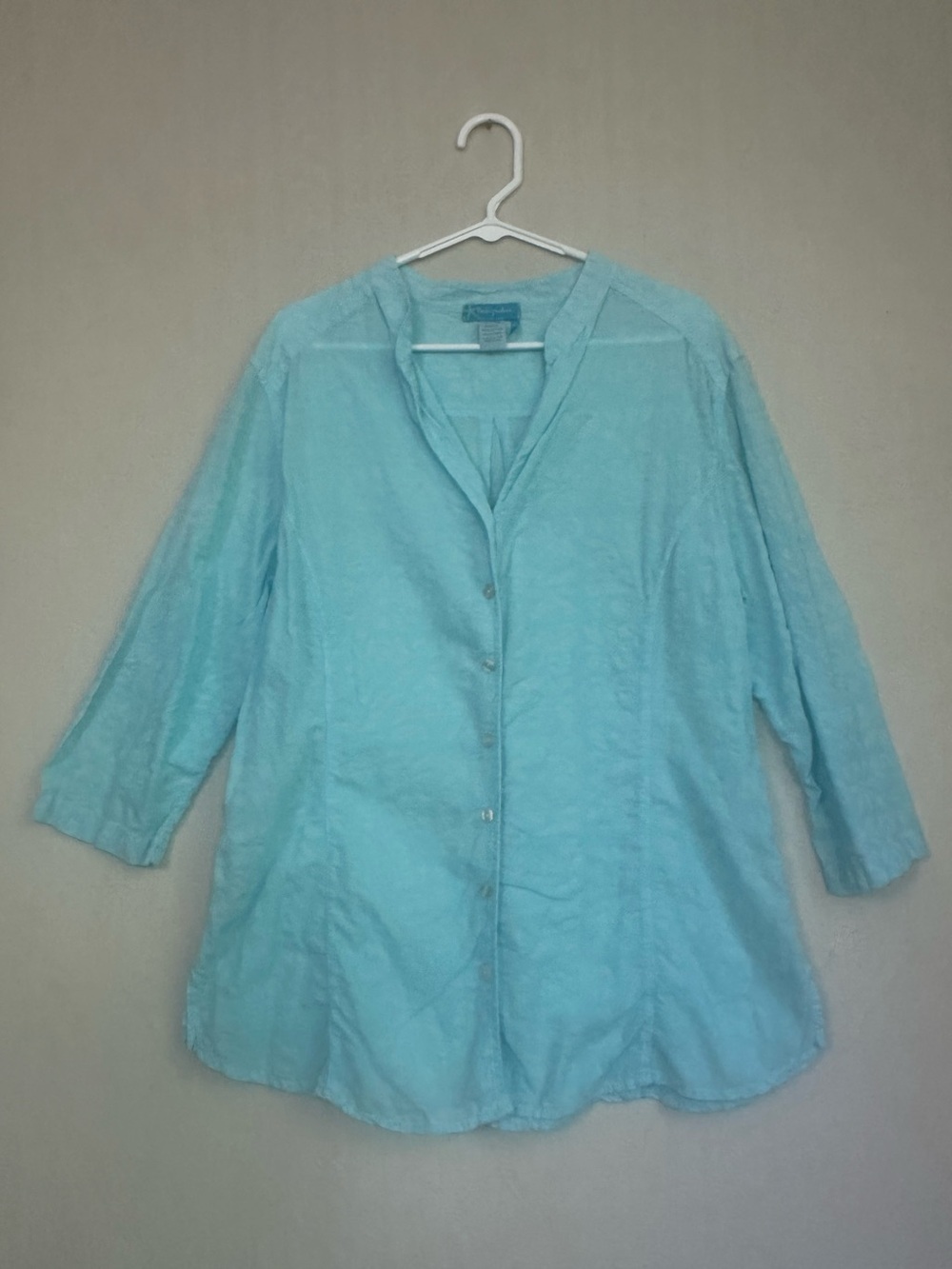 Fresh Produce Aqua Soft Button Up 100% Cotton Top Sz XL V-Neck Casual USA Made
